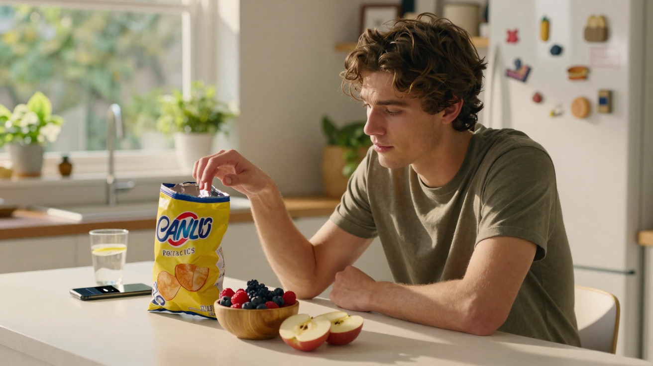 Jovem sentado à mesa na cozinha comendo batatas fritas, frutas vermelhas e maçã fatiada.