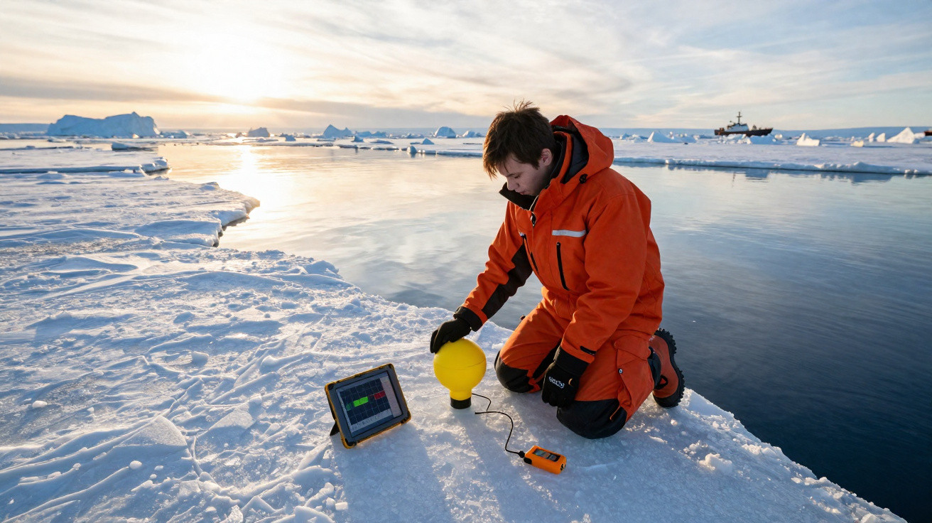 Pessoa com roupa laranja coleta dados científicos em geleira polar com tablet e equipamento ao redor.