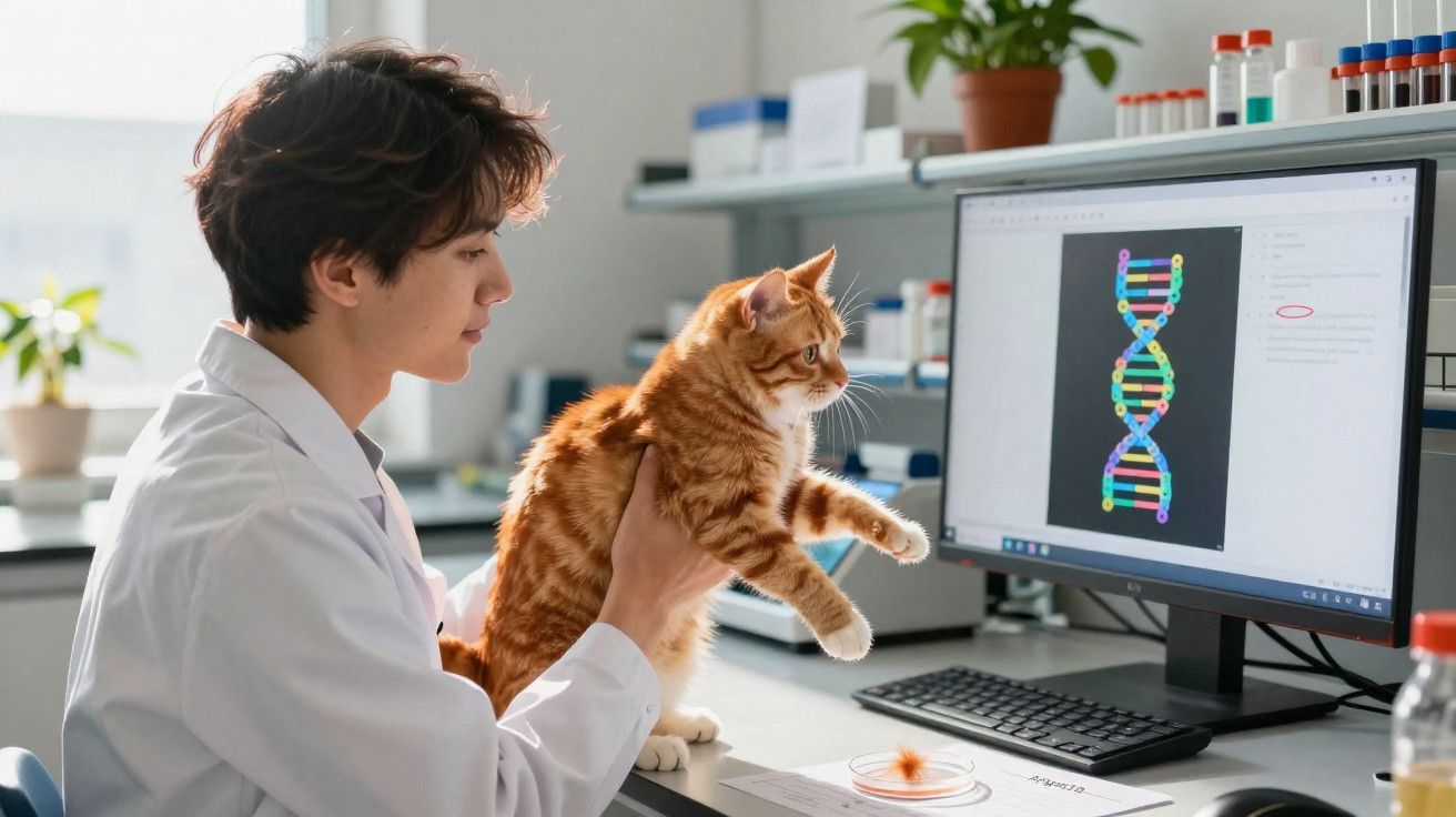 Pesquisador segura gato laranja enquanto observa imagem de DNA na tela de computador no laboratório.