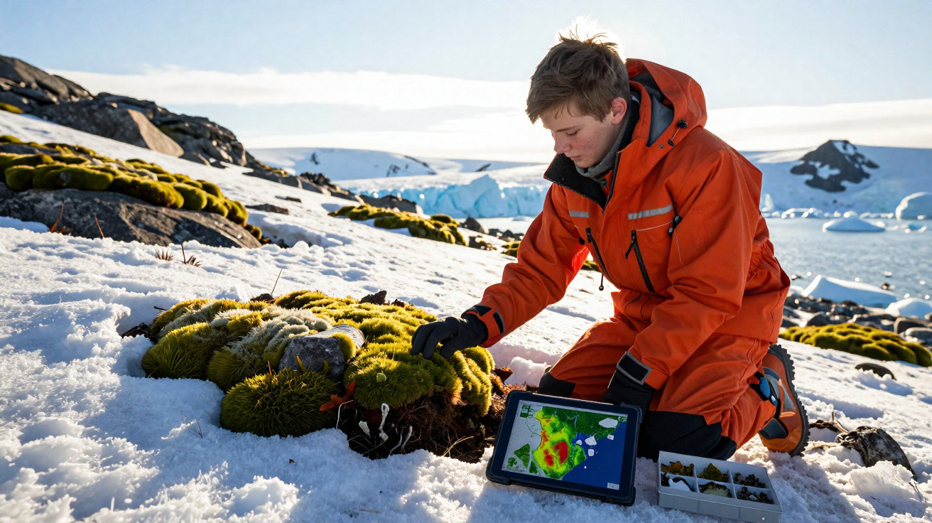 Pessoa vestindo roupa laranja coleta amostras de musgo na neve com tablet aberto em área gelada.