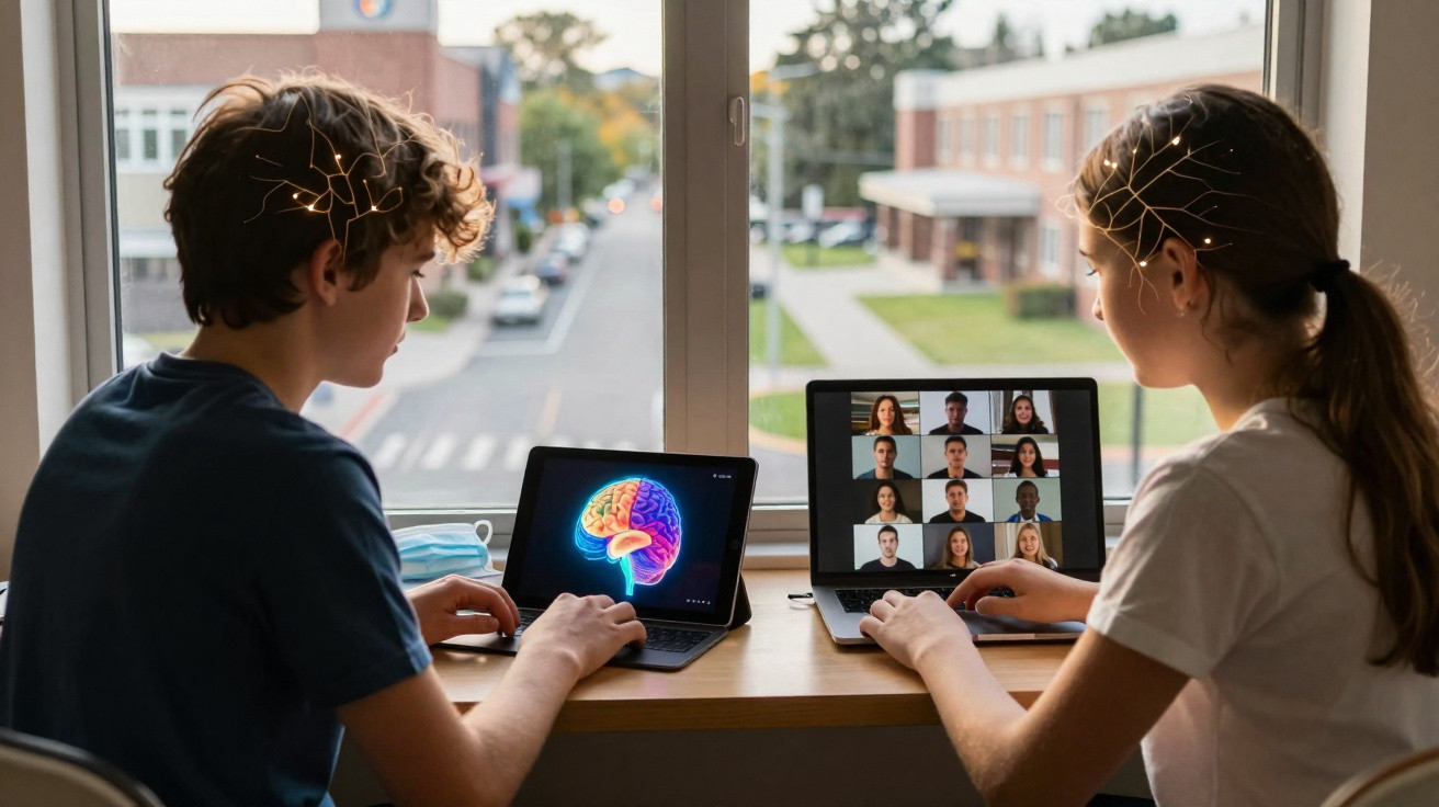Adolescentes usando laptops em videoconferência e visualizando imagem de cérebro, sentados em mesa próxima à janela.