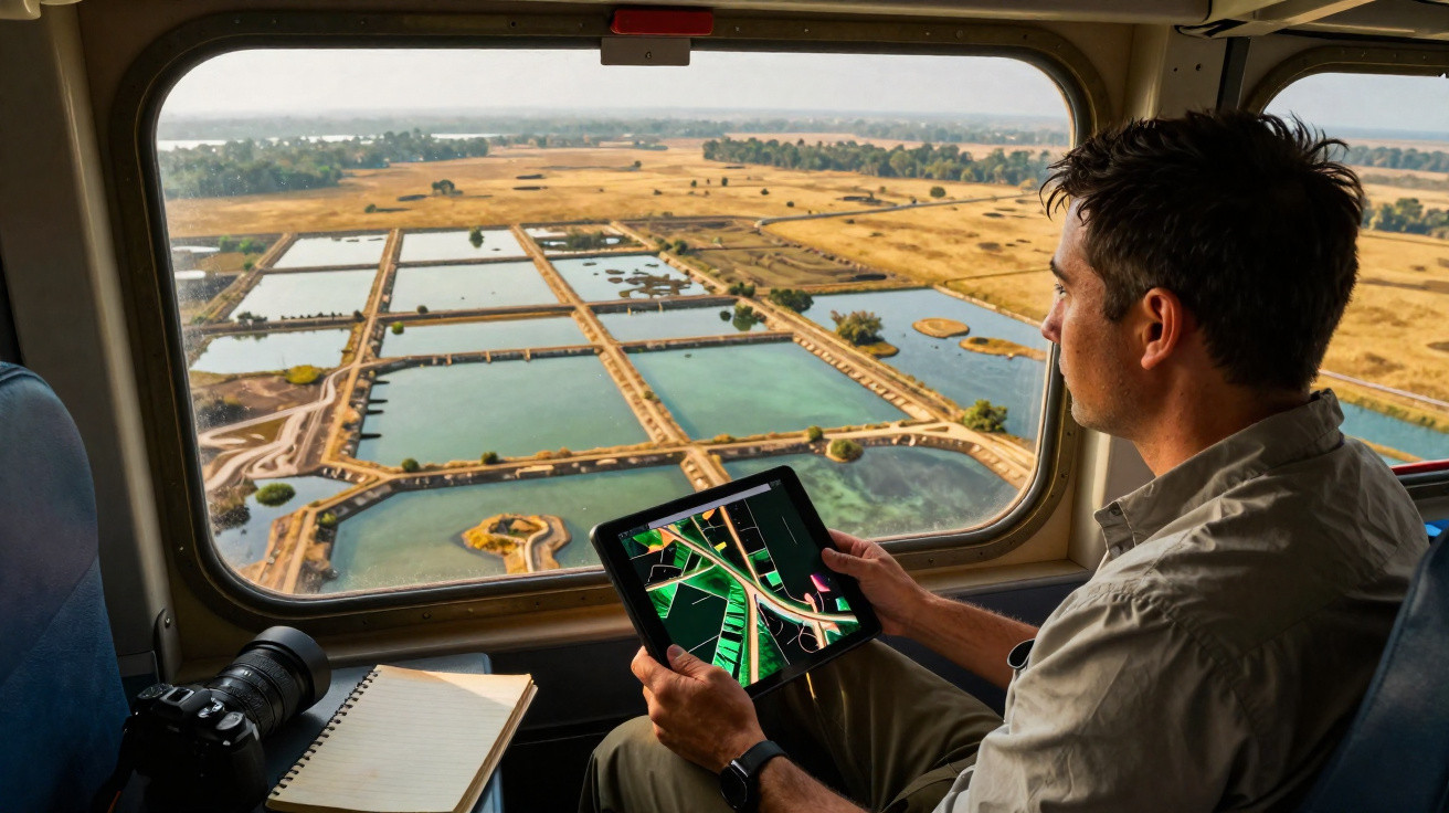 Homem em aeronave olhando janelas para lagoas e campos, segurando tablet com mapas digitais.