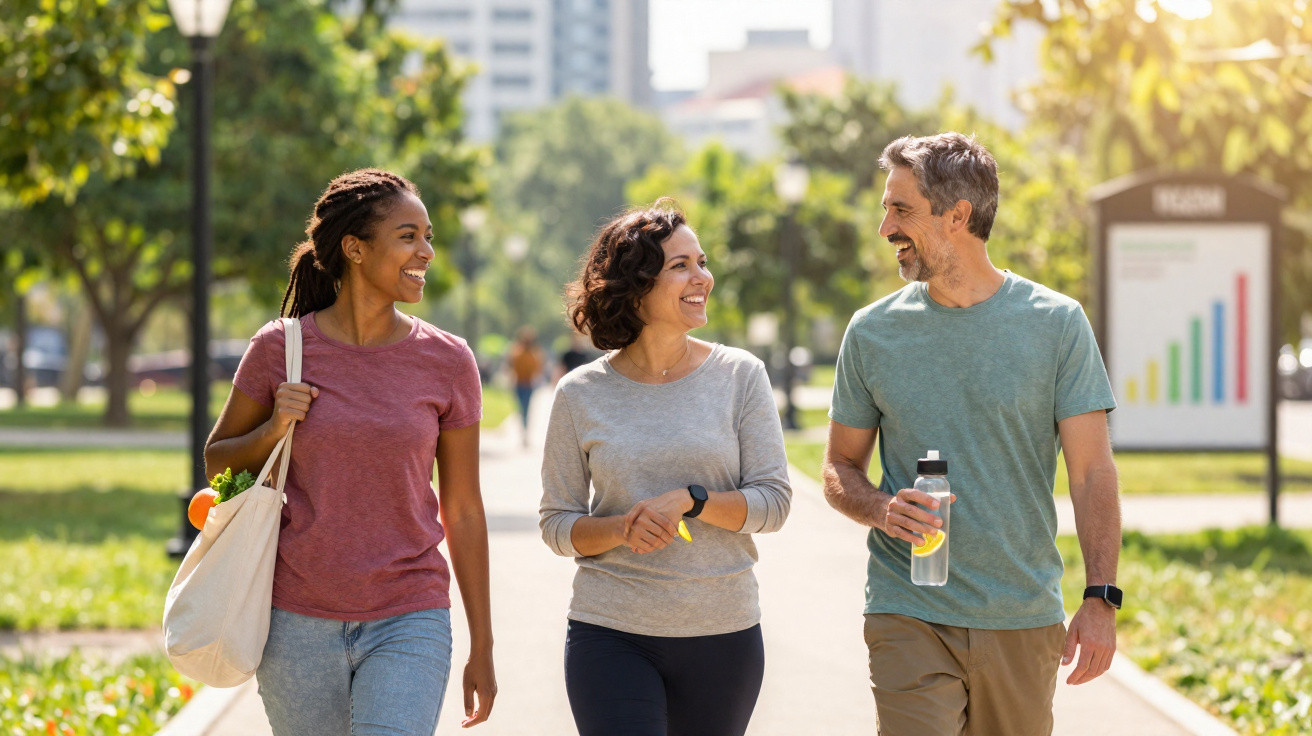 Três adultos caminhando e conversando em parque ensolarado, com árvores e edifícios ao fundo.
