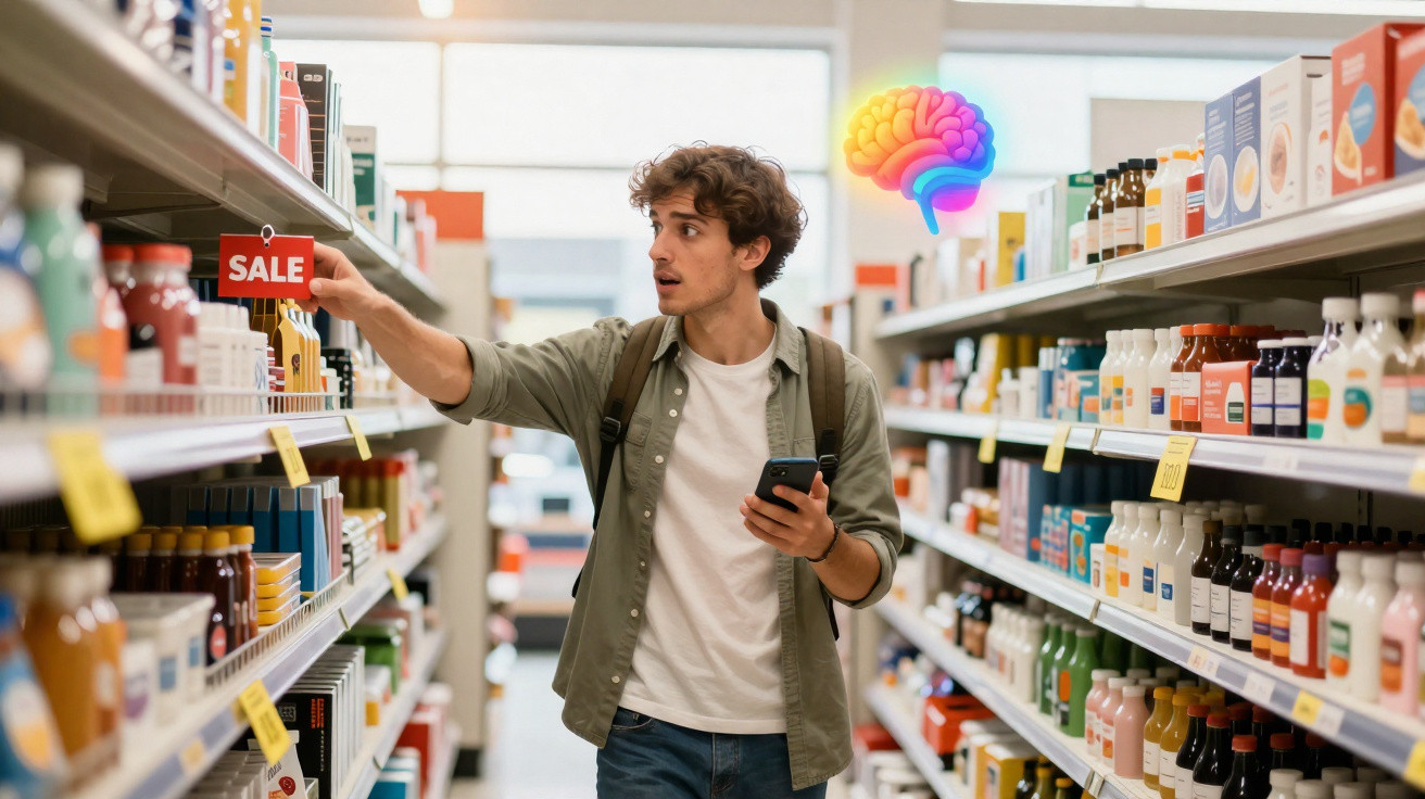 Jovem com mochila segura celular e aponta para placa de promoção em corredor de supermercado.