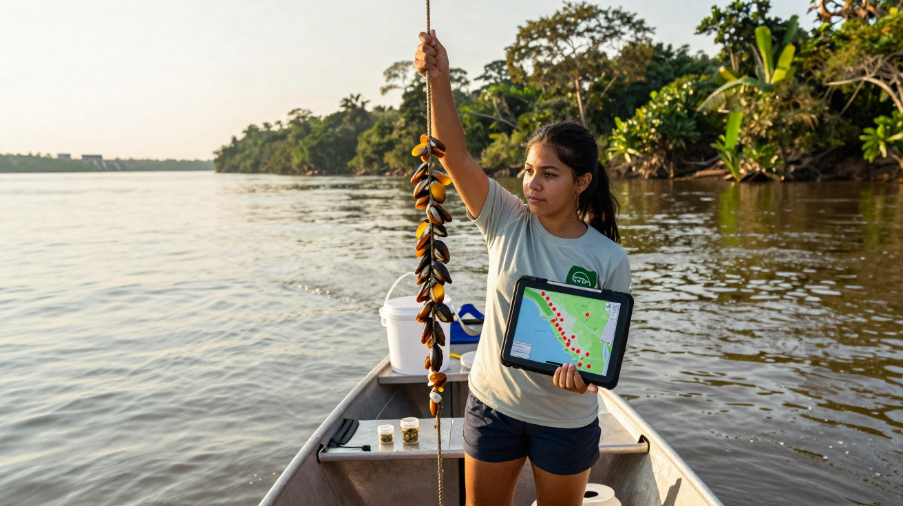 Mulher em barco segura corda com mexilhões e tablet com mapa, cercada por rio e vegetação.