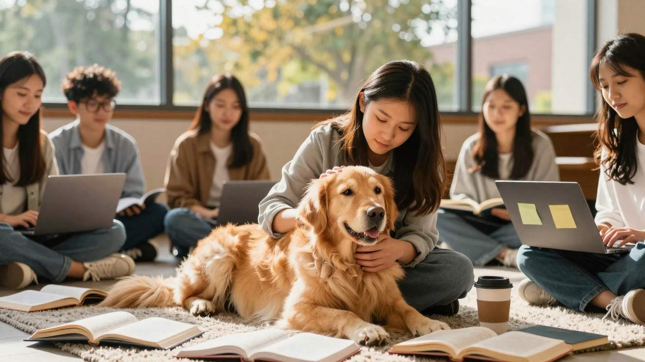 Estudantes sentados no chão com livros e laptops, com uma garota acariciando um cachorro golden retriever.