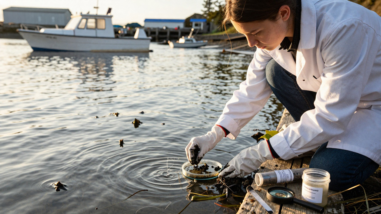 Mulher com jaleco branco coleta amostra de água em lagoa próxima a barcos ancorados.