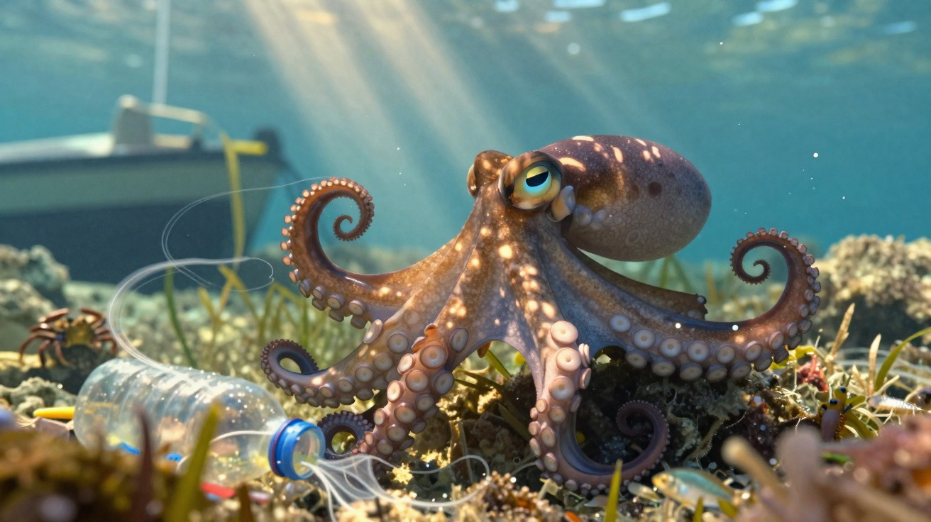 Polvo marinho próximo a garrafa plástica no fundo do oceano com raios de luz atravessando a água.