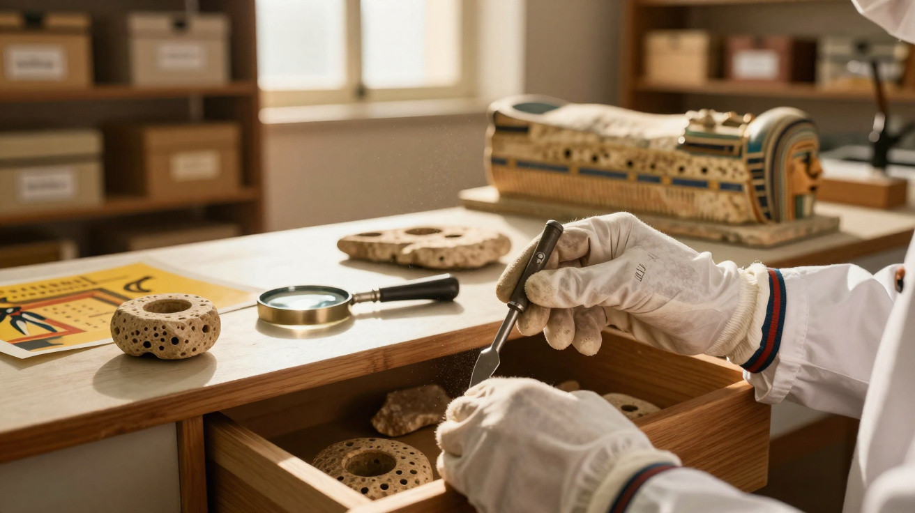 Mãos com luvas manuseiam ferramentas para examinar artefatos arqueológicos em bancada iluminada.
