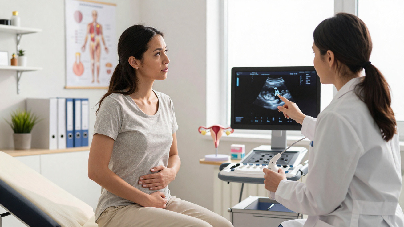 Mulher grávida conversa com médica durante ultrassonografia em consultório médico.