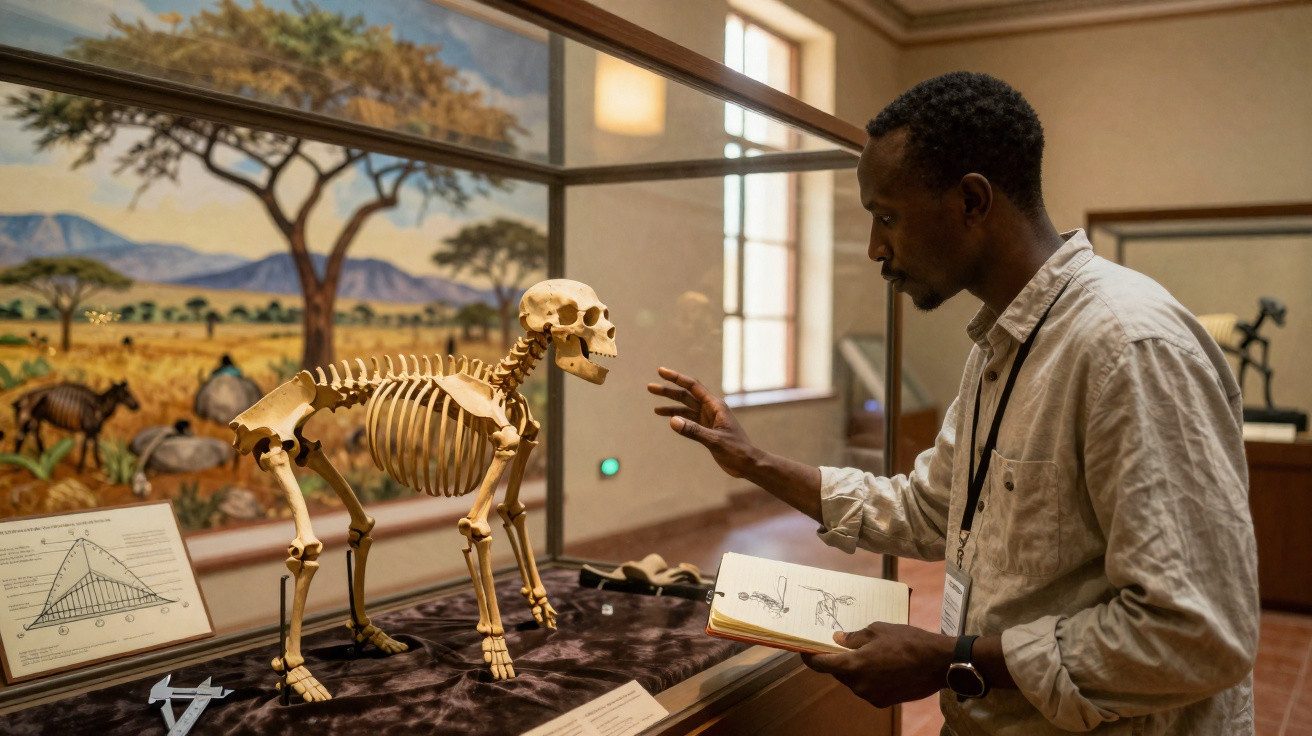 Homem observa e desenha esqueleto de primata exposto em museu com pintura de ambiente africano ao fundo.