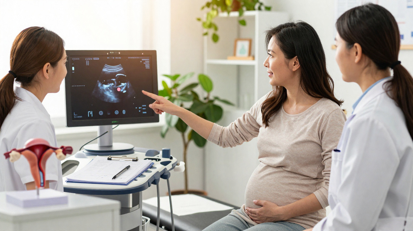 Mulher grávida e médicas analisam ultrassom em consultório médico iluminado.