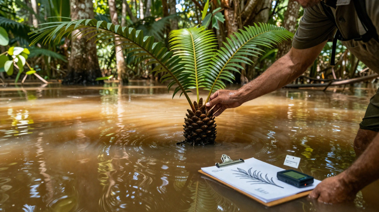 Pessoa segurando uma muda de planta aquática em área alagada dentro de floresta tropical.