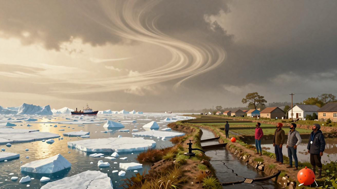 Costa com casas e pessoas observando icebergues flutuantes e céu com anéis brilhantes incomuns.