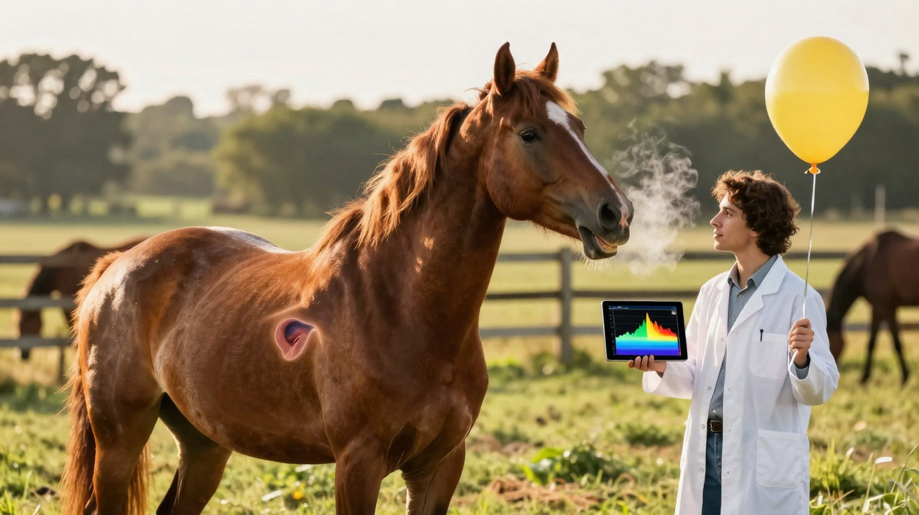 Veterinário com jaleco segurando balão amarelo e tablet ao lado de cavalo marrom em campo aberto.