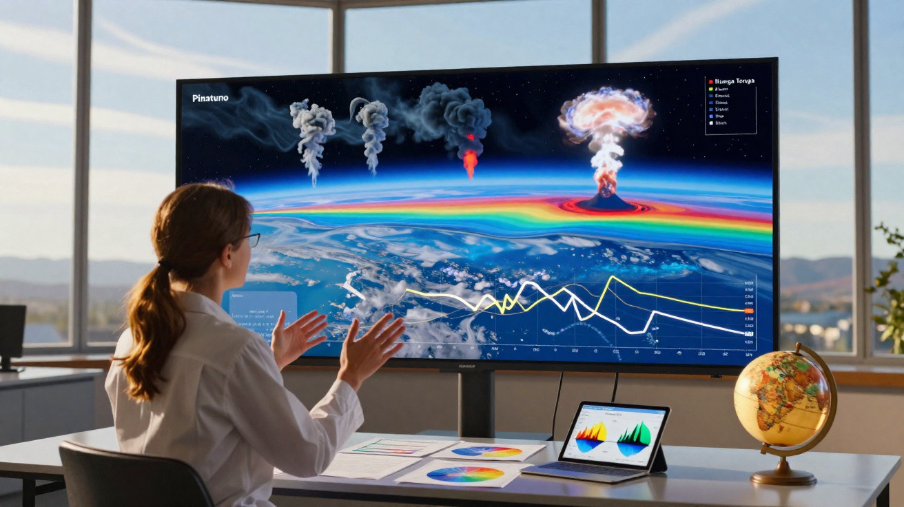Mulher analisando dados sobre vulcões e atmosferas em tela grande, com gráficos e um globo terrestre na mesa.