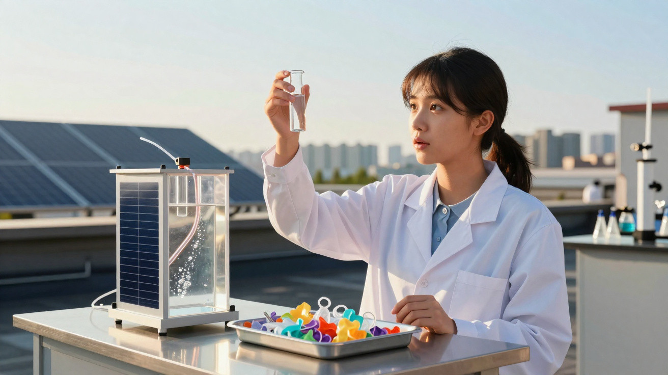 Mulher cientista em jaleco analisando líquido em tubo de ensaio em laboratório ao ar livre.