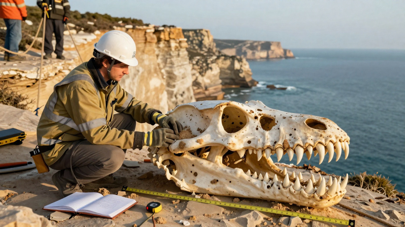 Homem com capacete examina crânio grande e fossilizado em penhasco à beira-mar durante escavação arqueológica.