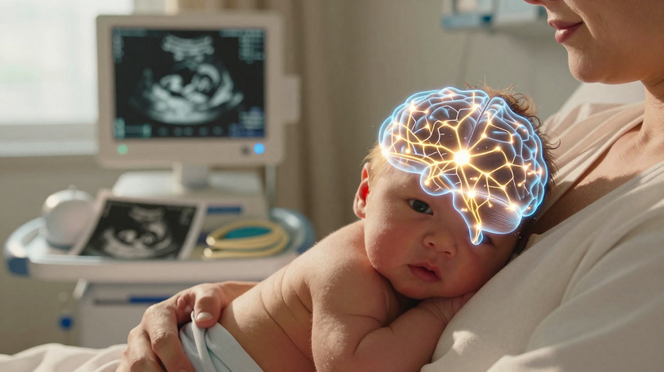 Bebê no colo da mãe com ilustração digital do cérebro e máquina de ultrassom ao fundo.
