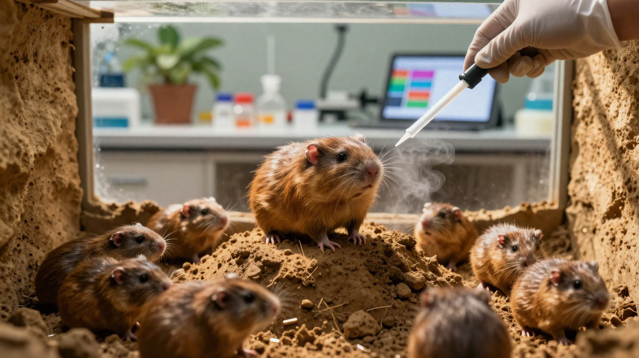 Camundongos em ambiente de laboratório com mão segurando conta-gotas se aproximando de um deles.