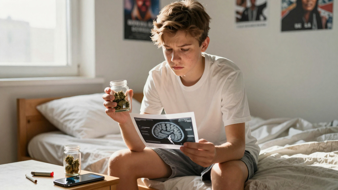 Adolescente sentado na cama segurando um pote com plantas e olhando uma imagem do cérebro.