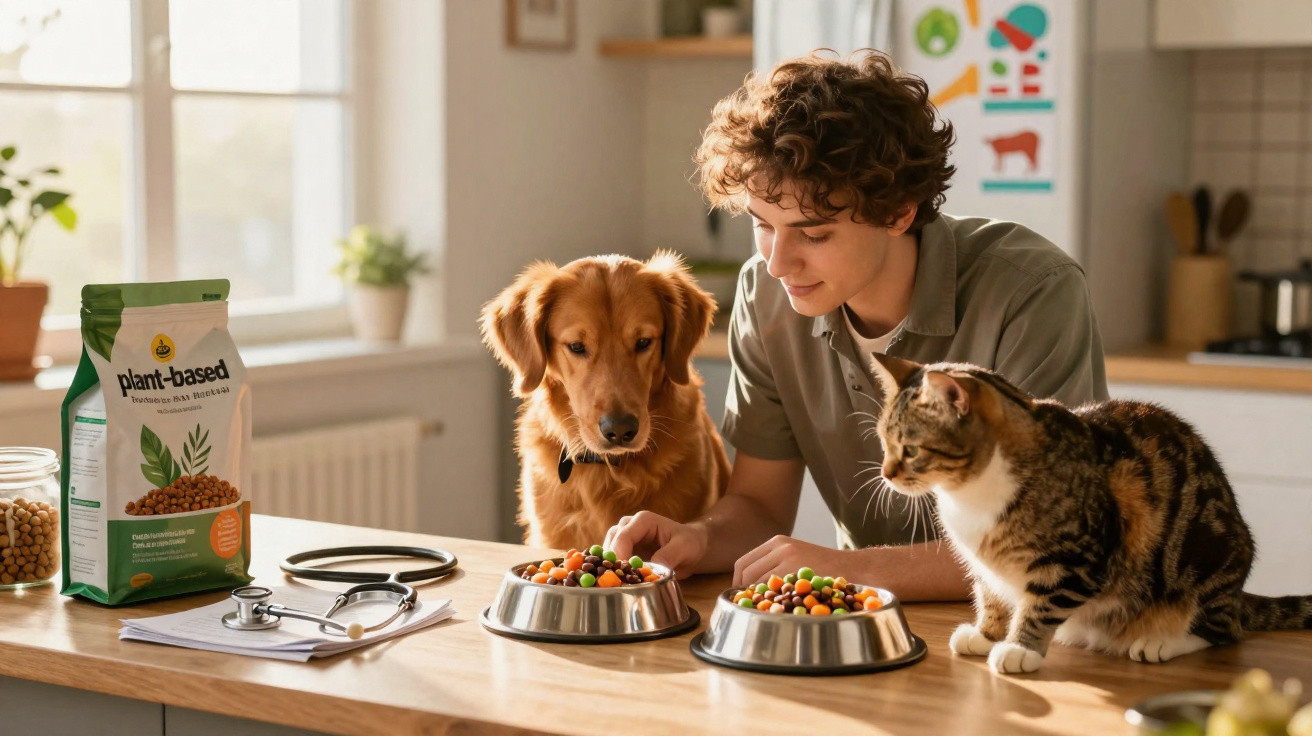 Pessoa alimentando um cachorro e um gato com ração plant-based na cozinha.