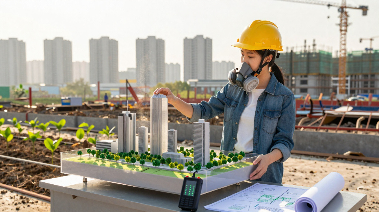 Mulher com capacete e máscara confere maquete de prédios em canteiro de obras ao ar livre.