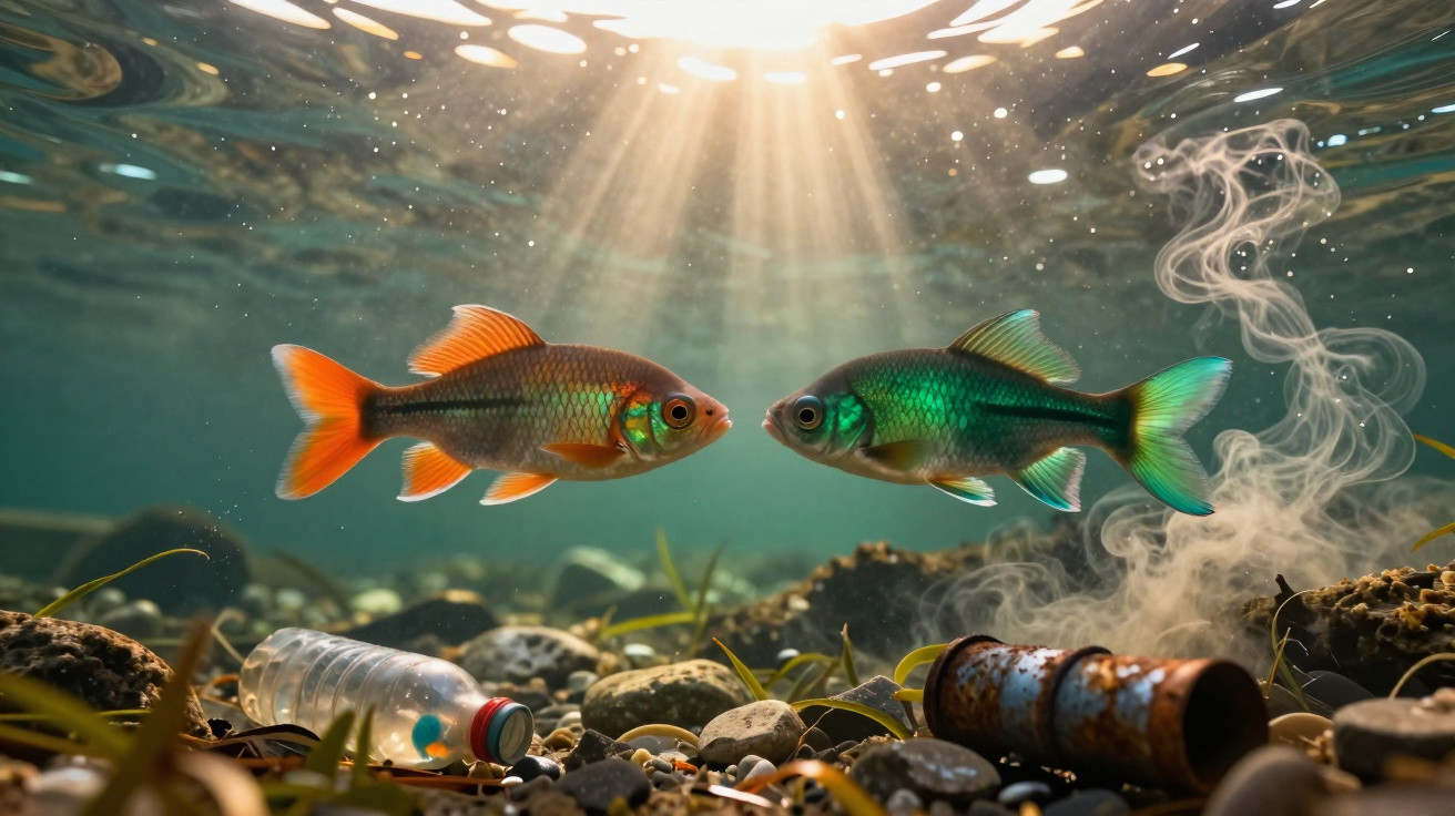 Dois peixes coloridos nadam em água poluída com garrafa plástica e lata enferrujada no fundo.