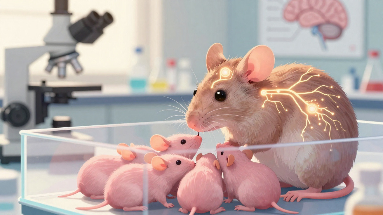 Rato grande com luzes neurais interagindo com cinco filhotes pequenos em laboratório científico.