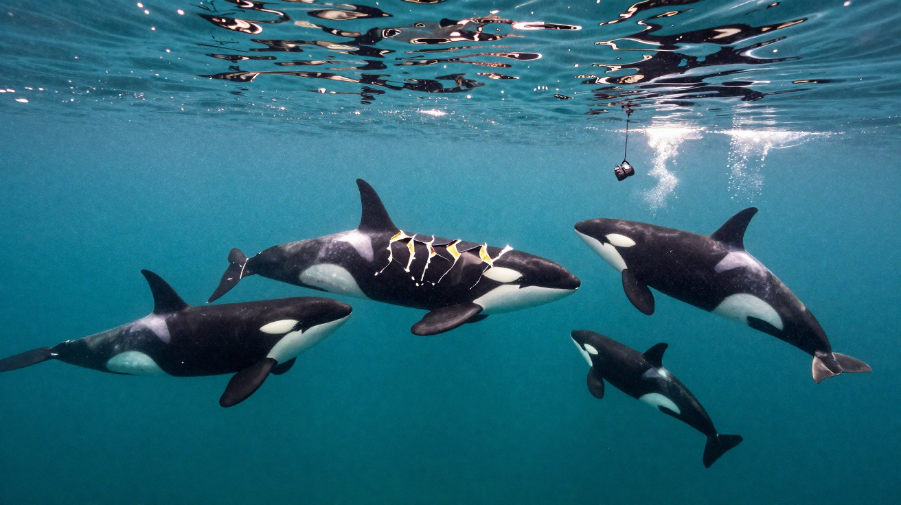 Quatro orcas nadando em grupo na água clara com peixes acompanhando uma delas.