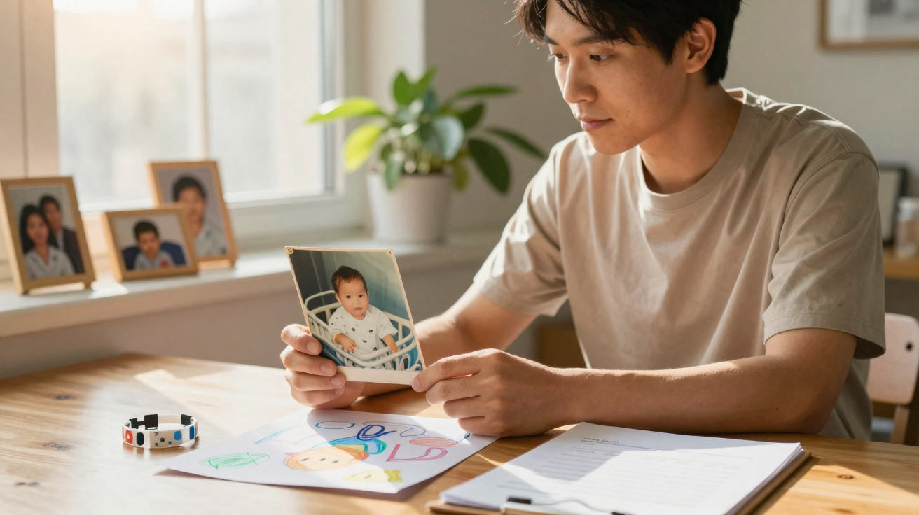 Homem sentado à mesa olhando uma foto antiga de bebê com desenhos e documentos à sua frente.