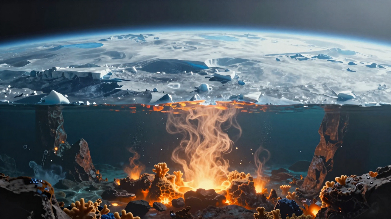 Erupção vulcânica subaquática liberando magma quente sob a superfície do oceano gelado.