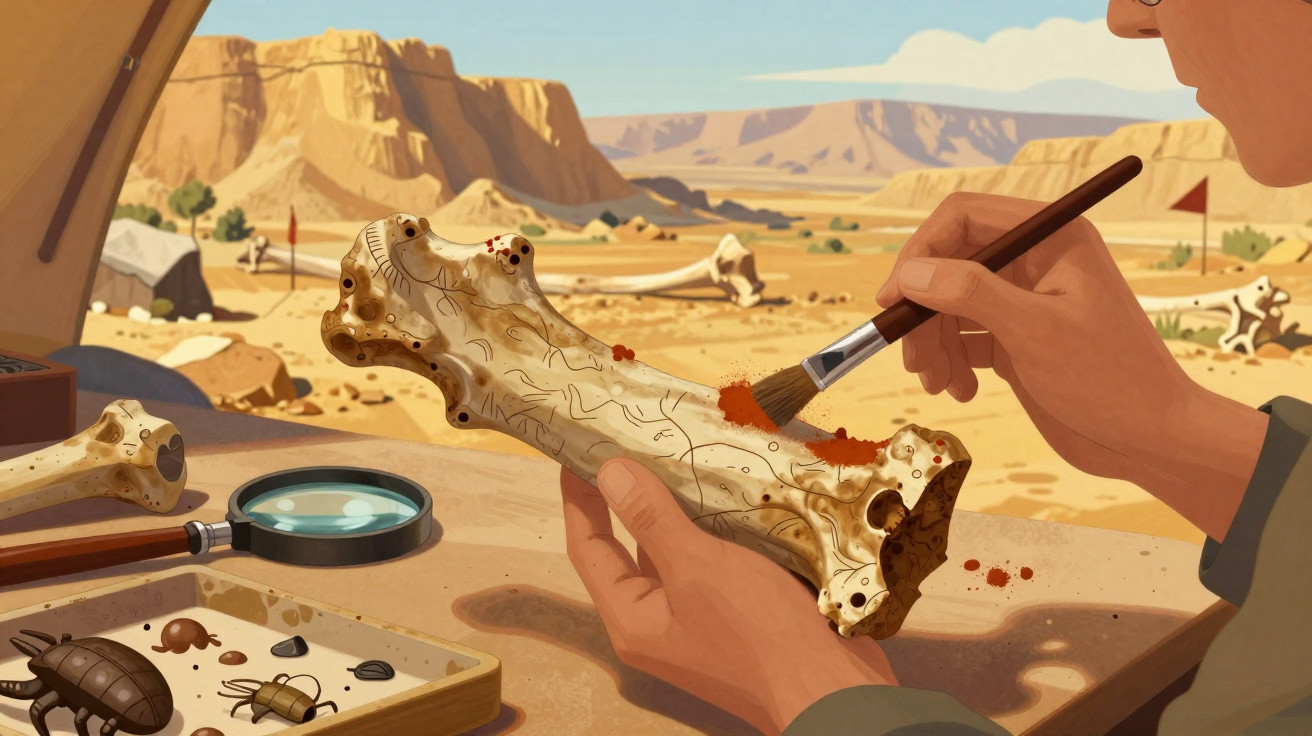 Pessoa limpando um osso fóssil com pincel em sítio arqueológico no deserto com montanhas ao fundo.