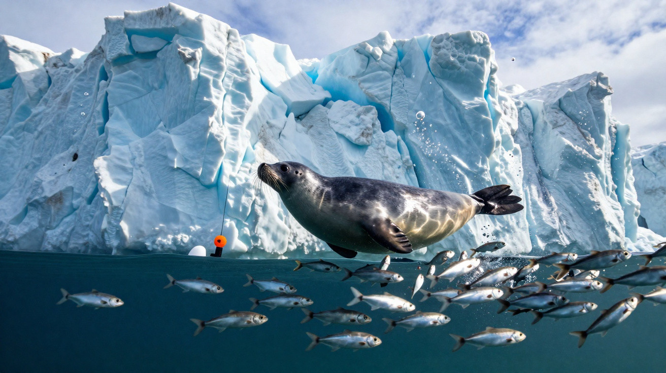 Foca nadando sob icebergue com cardume de peixes e céu azul ao fundo, em ambiente polar.