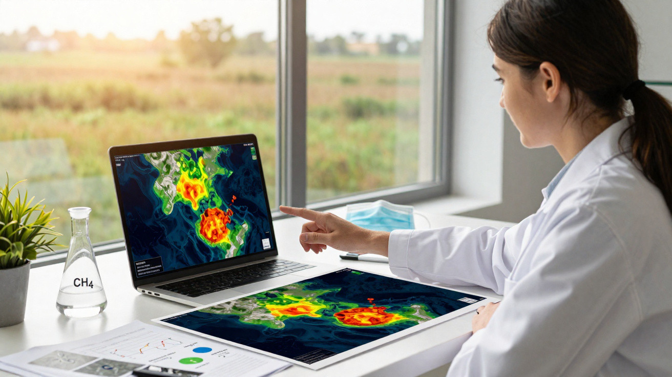 Mulher cientista analisa mapa com dados coloridos de concentração de metano em laboratório.