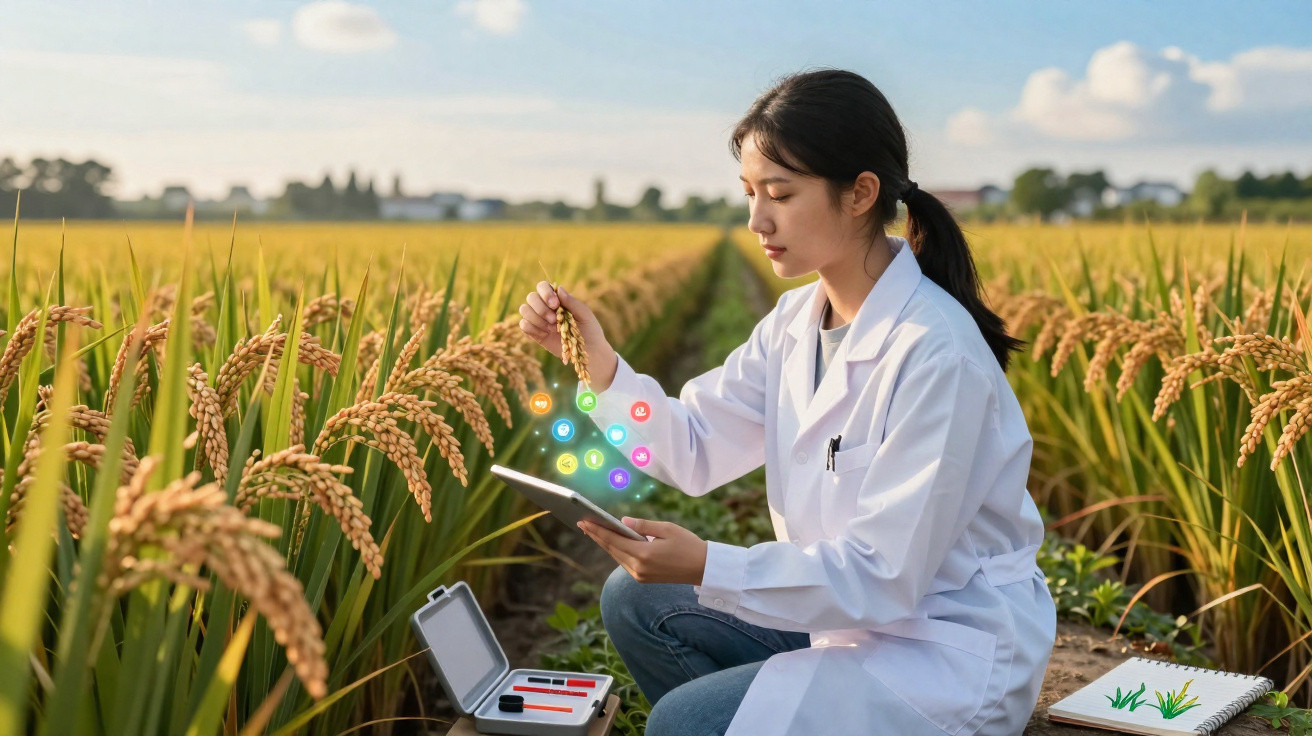 Pesquisadora em jaleco analisa planta de arroz em campo com tablet e ícones digitais flutuantes.