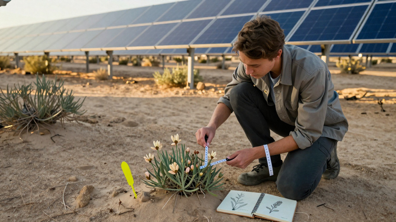 Homem mede planta com fita métrica em área de painel solar com caderno de desenhos aberto no chão.