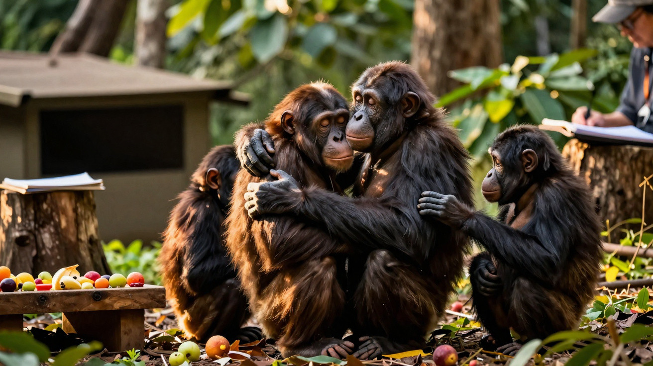 Grupo de bonobos abraçados em ambiente natural com pesquisador anotando ao fundo.