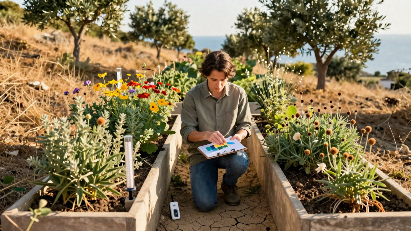 Pessoa com prancheta analisando plantas em canteiros floridos ao ar livre próximo a árvores.