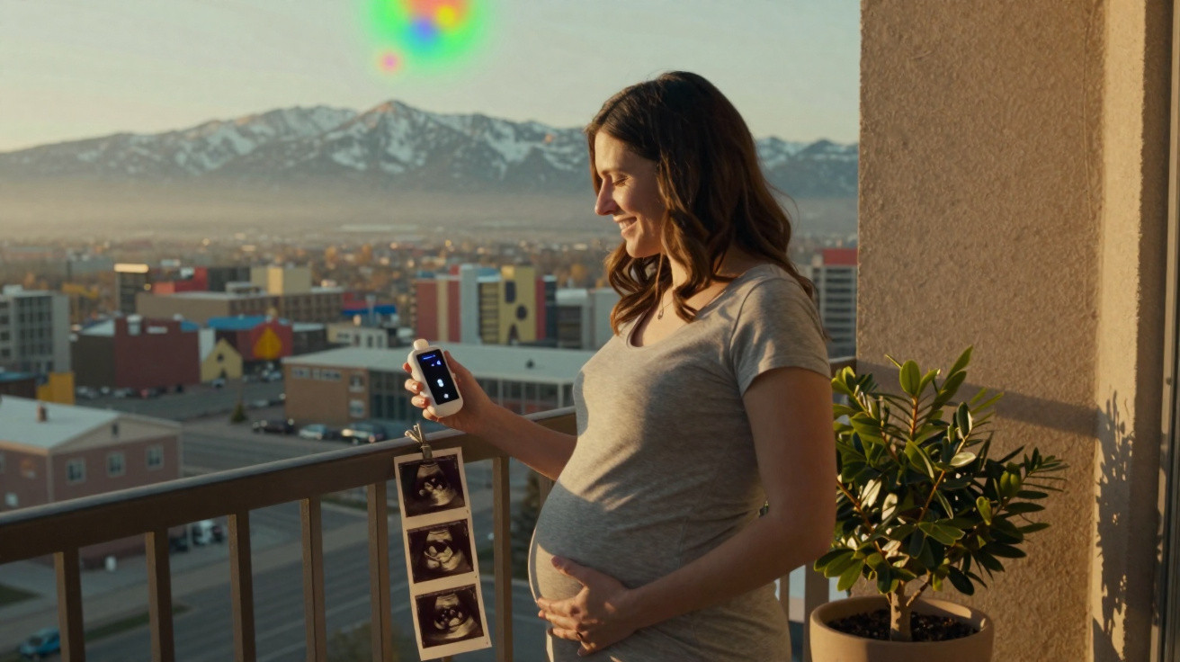 Mulher grávida sorrindo na varanda com fotos de ultrassom e montanhas ao fundo ao pôr do sol.