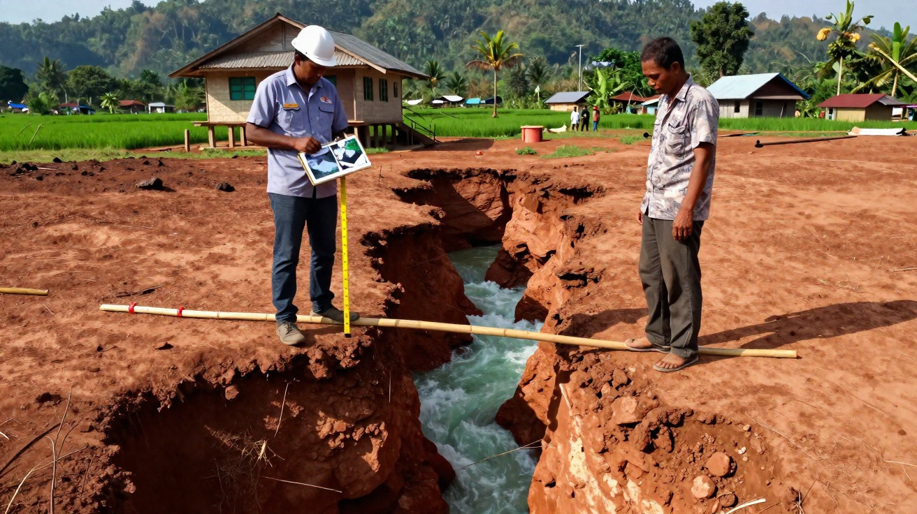 Dois homens medindo uma grande fissura no solo com água corrente, casas e vegetação ao fundo.