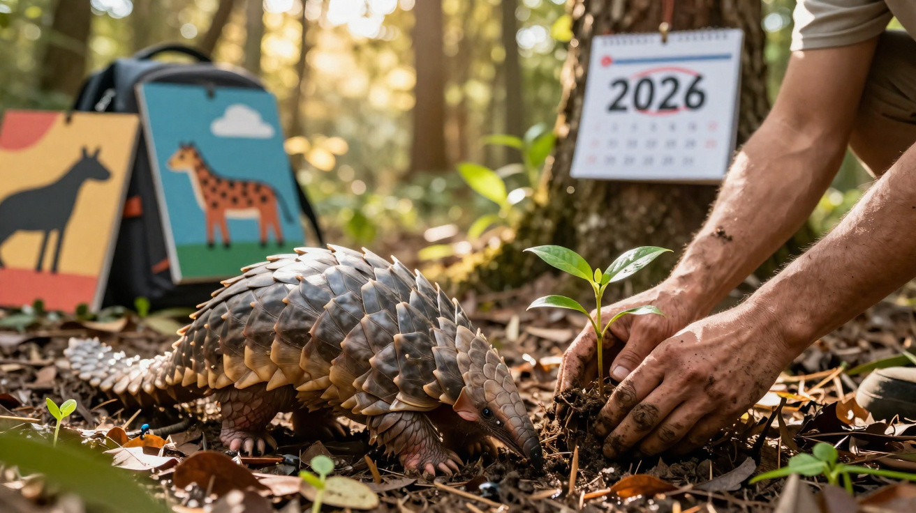 Tatu-bola caminhando na floresta enquanto mãos plantam muda, com calendário de 2026 ao fundo entre livros infantis.