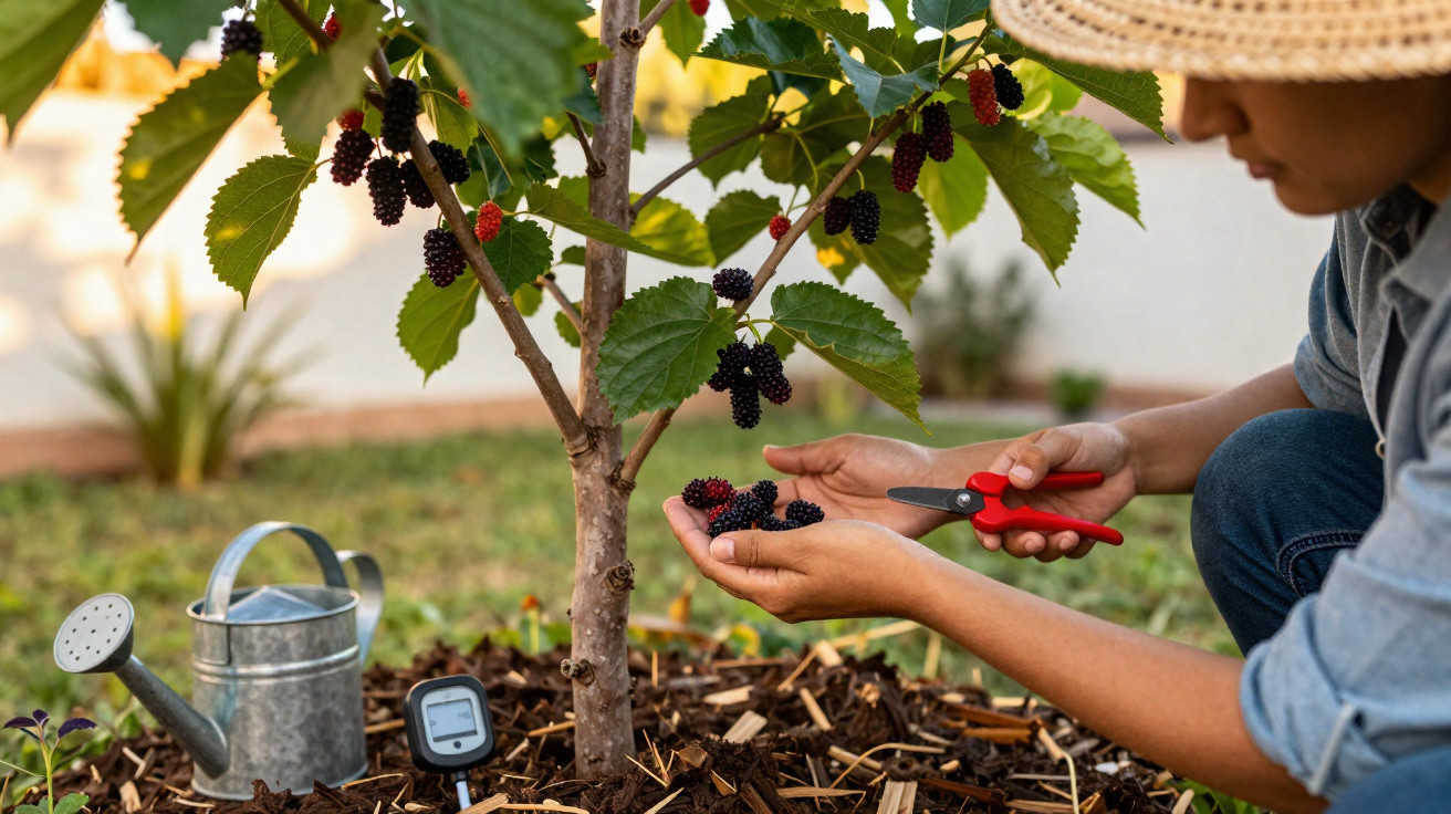 Pessoa colhendo amoras maduras em um pé de amora no jardim com tesoura e regador ao lado.