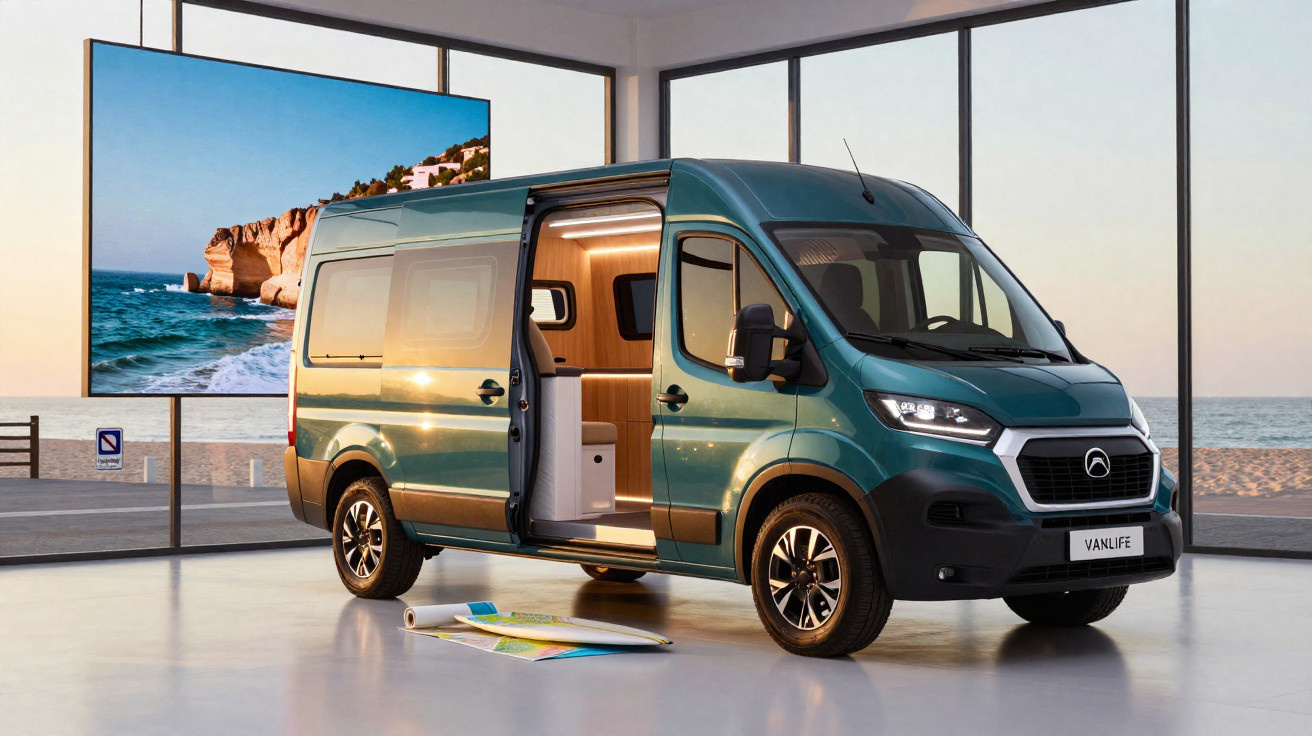 Van camper verde com porta lateral aberta em ambiente interno com vista para praia ao entardecer.