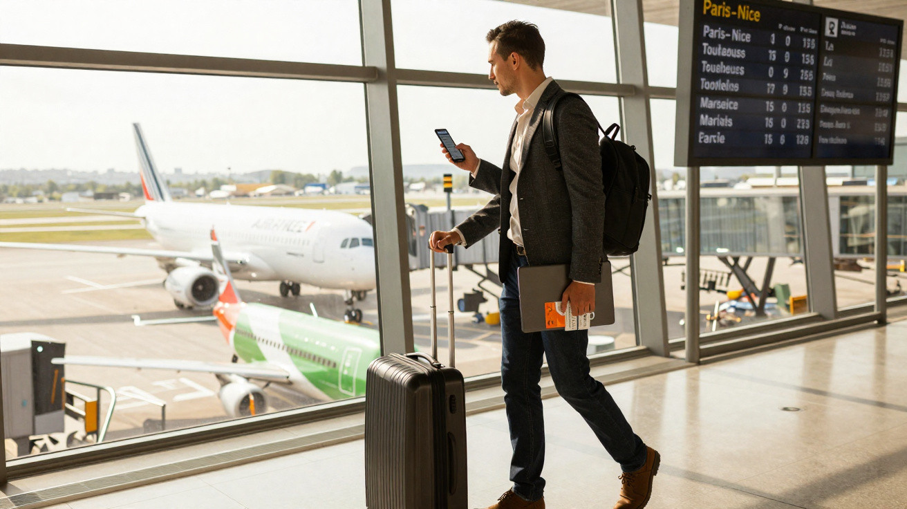 Homem de negócios no aeroporto com mala, celular e laptop, olhando para aviões pela janela.