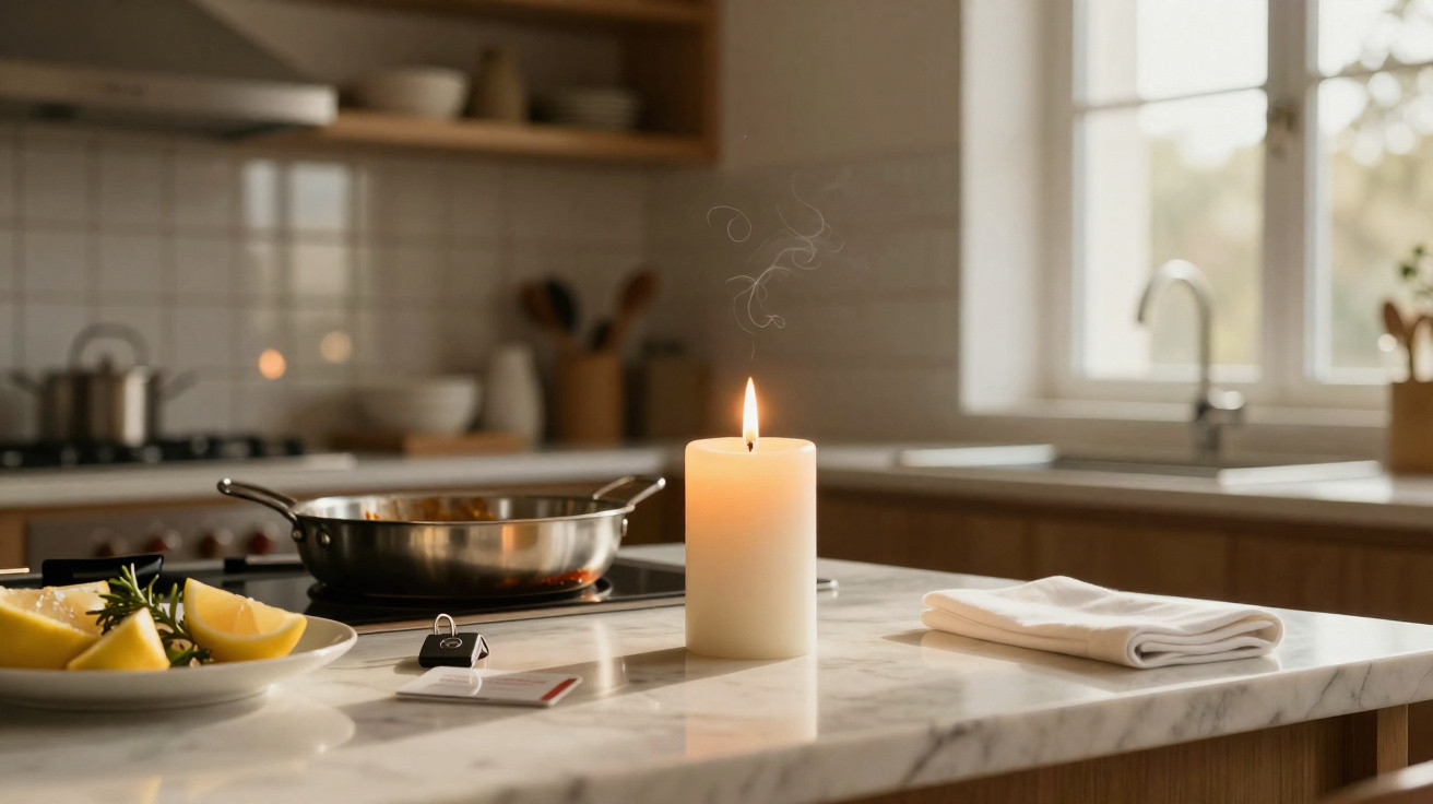 Cozinha com vela acesa sobre bancada de mármore, panela no fogão e janela ao fundo com luz natural.