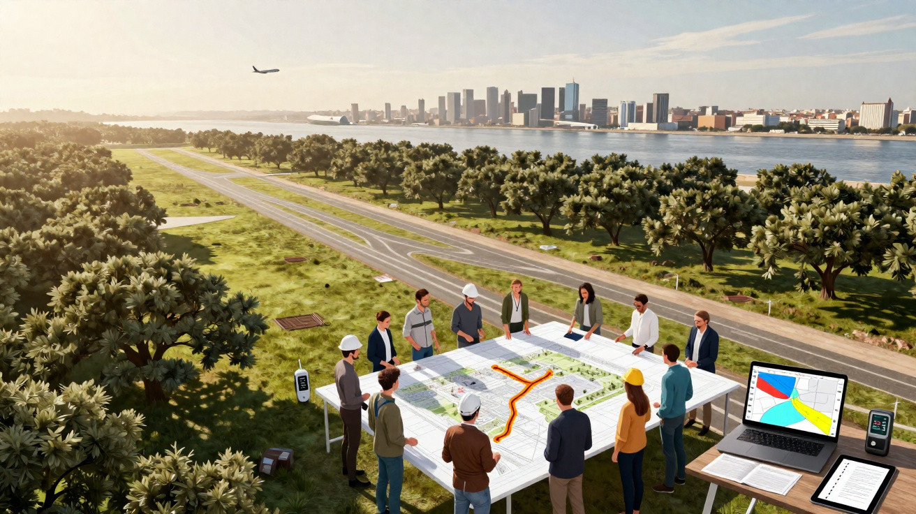Equipe de engenheiros e arquitetos reunida ao ar livre em projeto de infraestrutura próximo a cidade e rio.