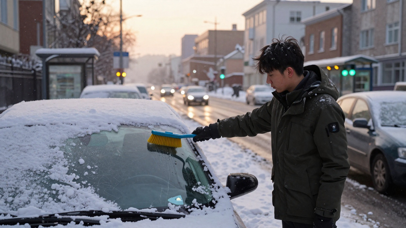 Homem vestindo casaco escuro limpa a neve do para-brisa de um carro em rua com neve ao entardecer.