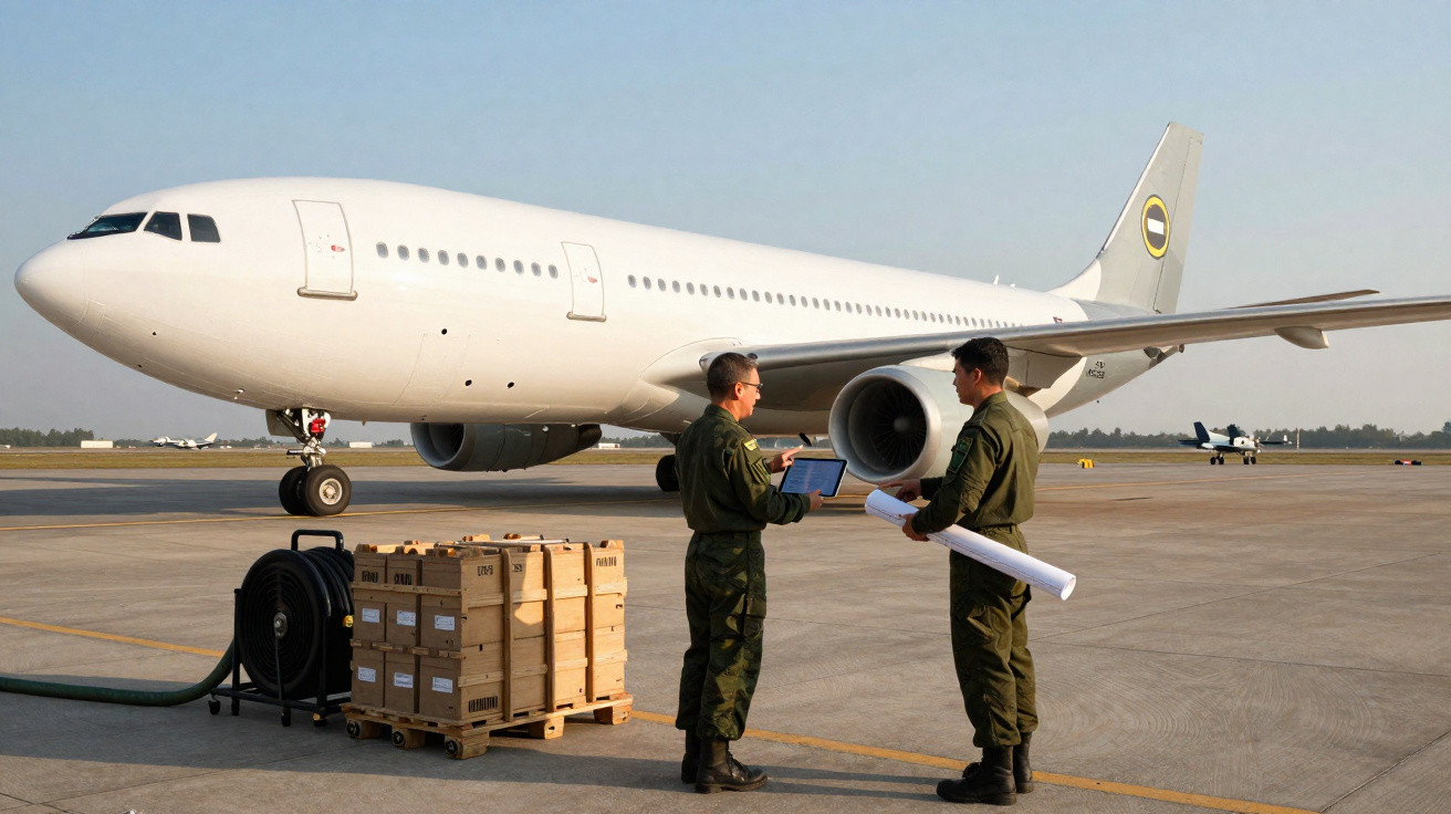 Dois militares revisam documentos com avião branco estacionado ao fundo em pátio de aeroporto.