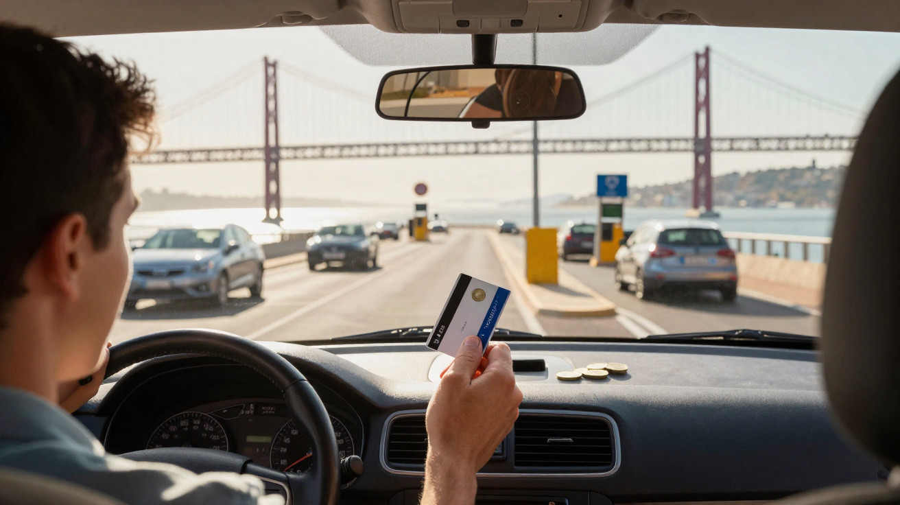 Motorista segurando cartão para pagar pedágio eletrônico em ponte suspensa com carros ao redor.